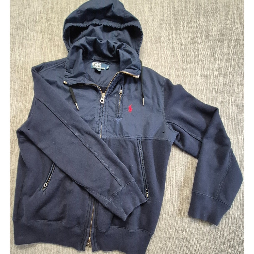 VTG Polo Ralph Lauren Men Navy Blue Full Zip Jacket M Red Stowaway Attached Hood